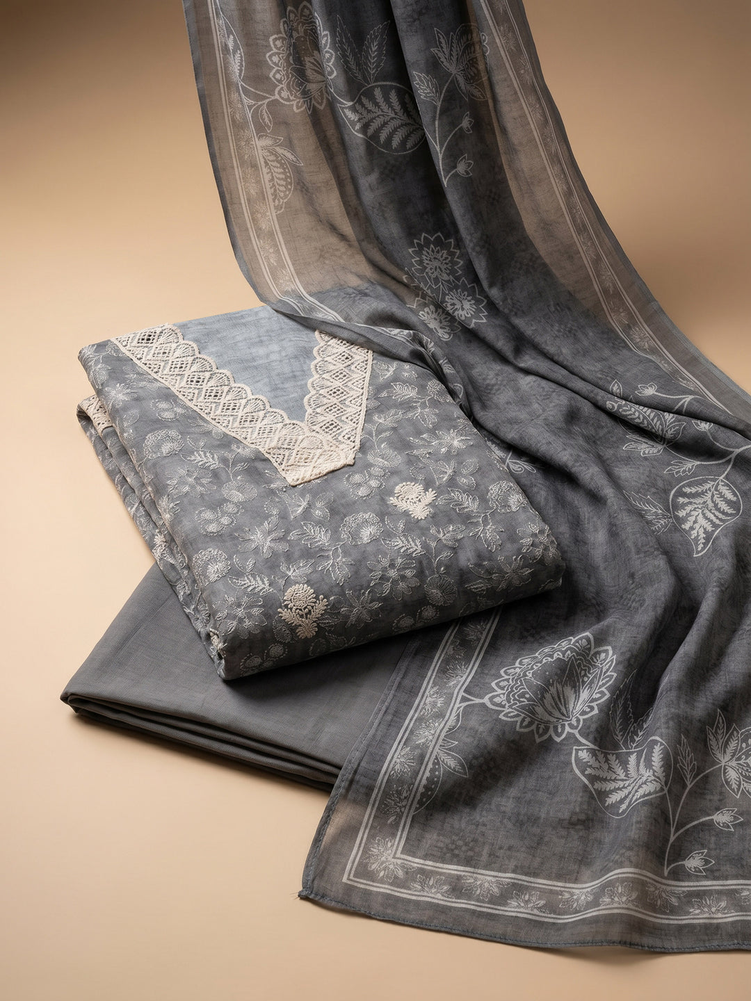 Grey Embroidered Linen Blend Unstitched Suit &amp; Pant With Linen Dupatta