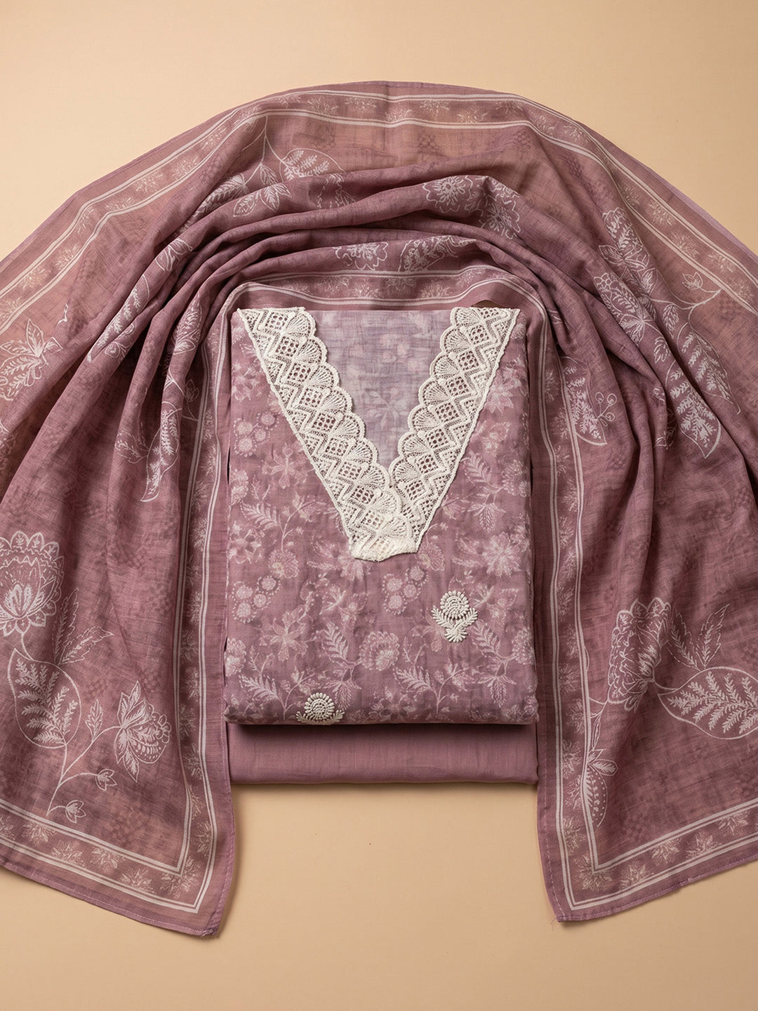 Onion Pink Embroidered Linen Blend Unstitched Suit &amp; Pant With Linen Dupatta