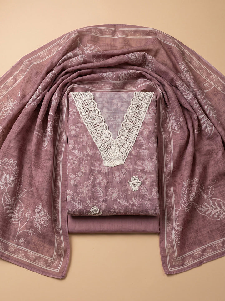 Onion Pink Embroidered Linen Blend Unstitched Suit &amp; Pant With Linen Dupatta