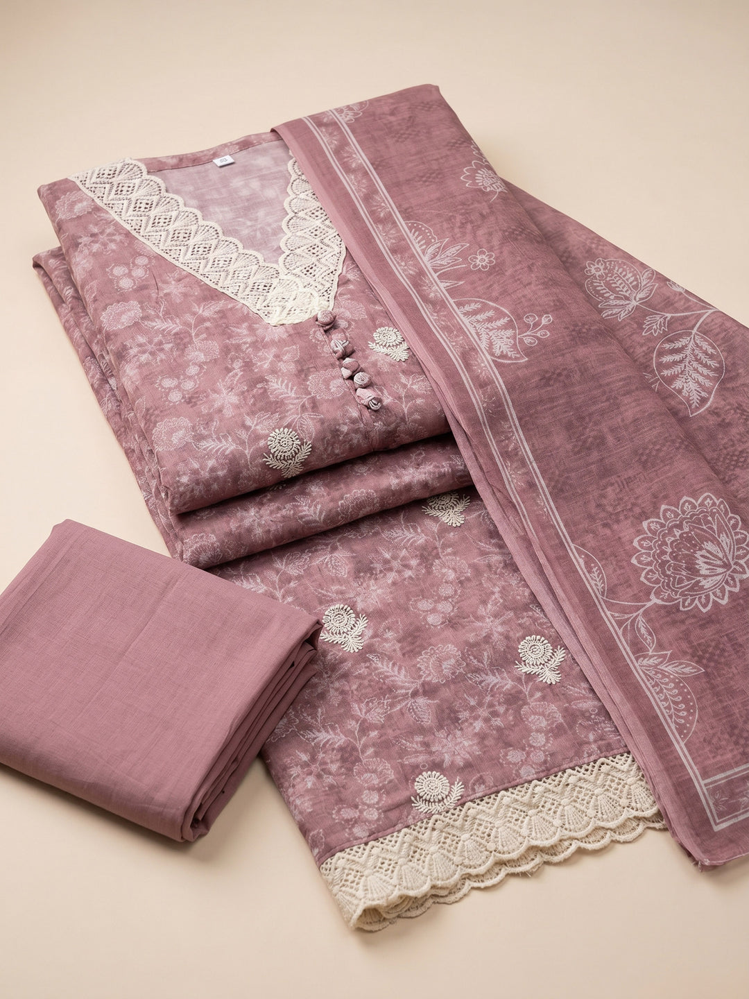 Onion Pink Embroidered Linen Blend Unstitched Suit &amp; Pant With Linen Dupatta
