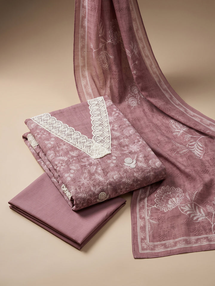 Onion Pink Embroidered Linen Blend Unstitched Suit &amp; Pant With Linen Dupatta