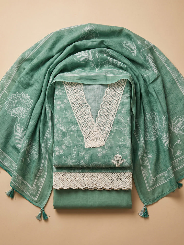 Rama Green Embroidered Linen Blend Unstitched Suit &amp; Pant With Linen Dupatta