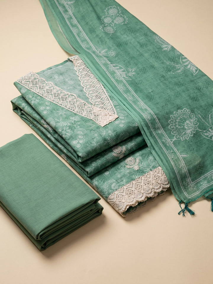 Rama Green Embroidered Linen Blend Unstitched Suit &amp; Pant With Linen Dupatta