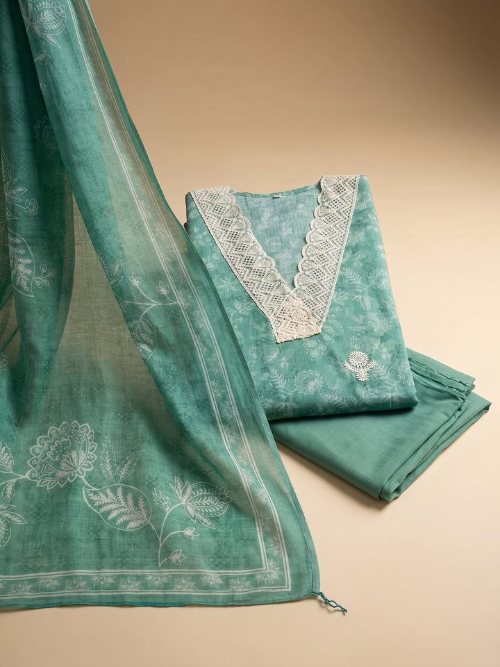 Rama Green Embroidered Linen Blend Unstitched Suit &amp; Pant With Linen Dupatta