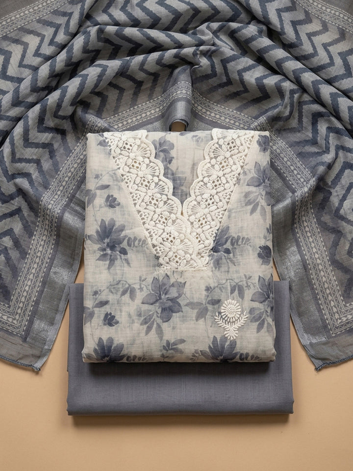 Grey Embroidered Linen Blend Unstitched Suit &amp; Pant With Linen Dupatta