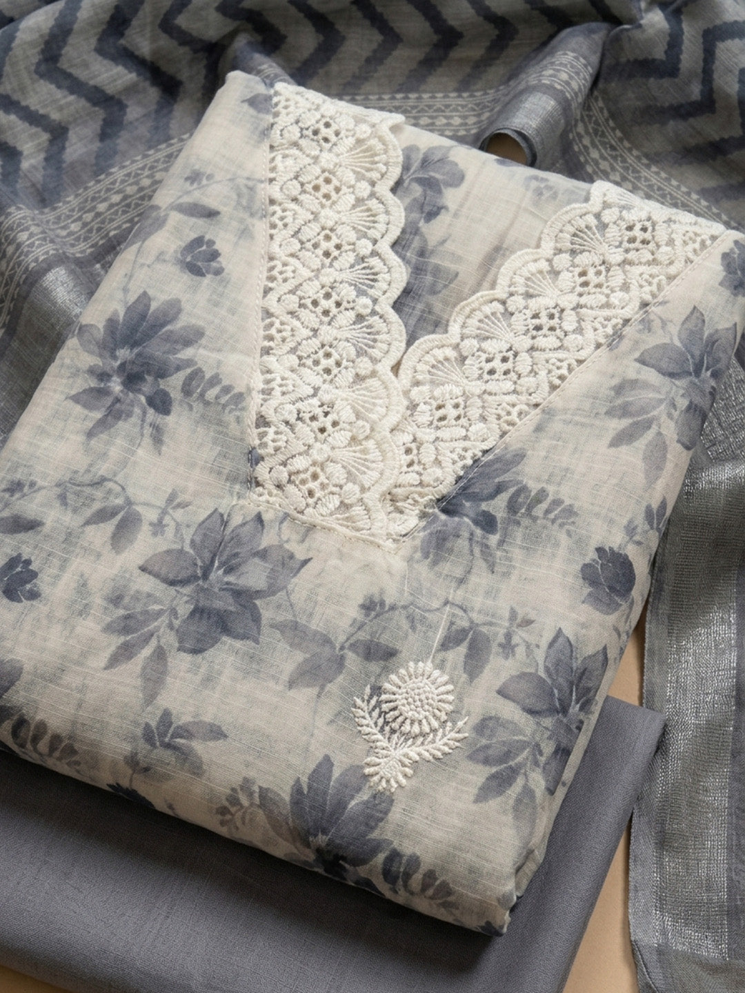 Grey Embroidered Linen Blend Unstitched Suit &amp; Pant With Linen Dupatta