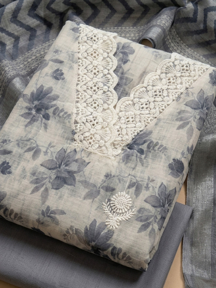 Grey Embroidered Linen Blend Unstitched Suit &amp; Pant With Linen Dupatta