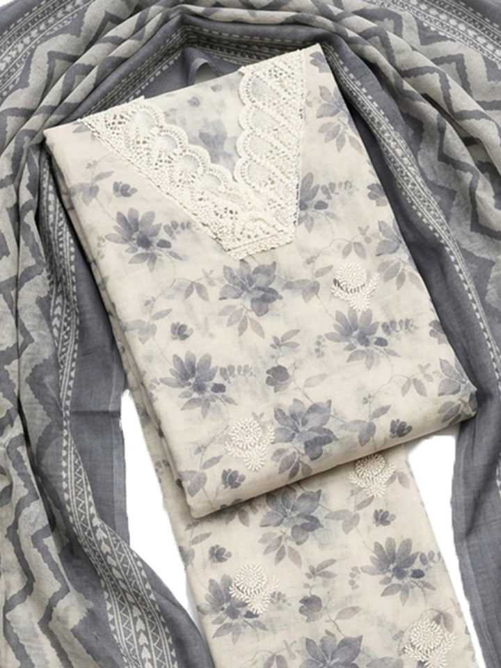 Grey Embroidered Linen Blend Unstitched Suit &amp; Pant With Linen Dupatta