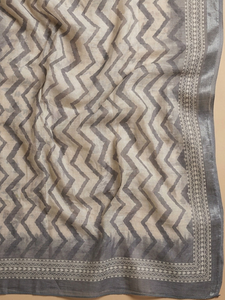 Grey Embroidered Linen Blend Unstitched Suit &amp; Pant With Linen Dupatta