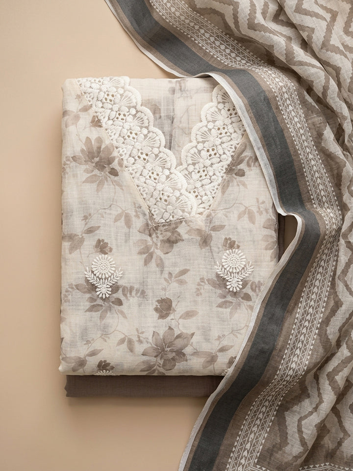 Mouse Embroidered Linen Blend Unstitched Suit &amp; Pant With Linen Dupatta