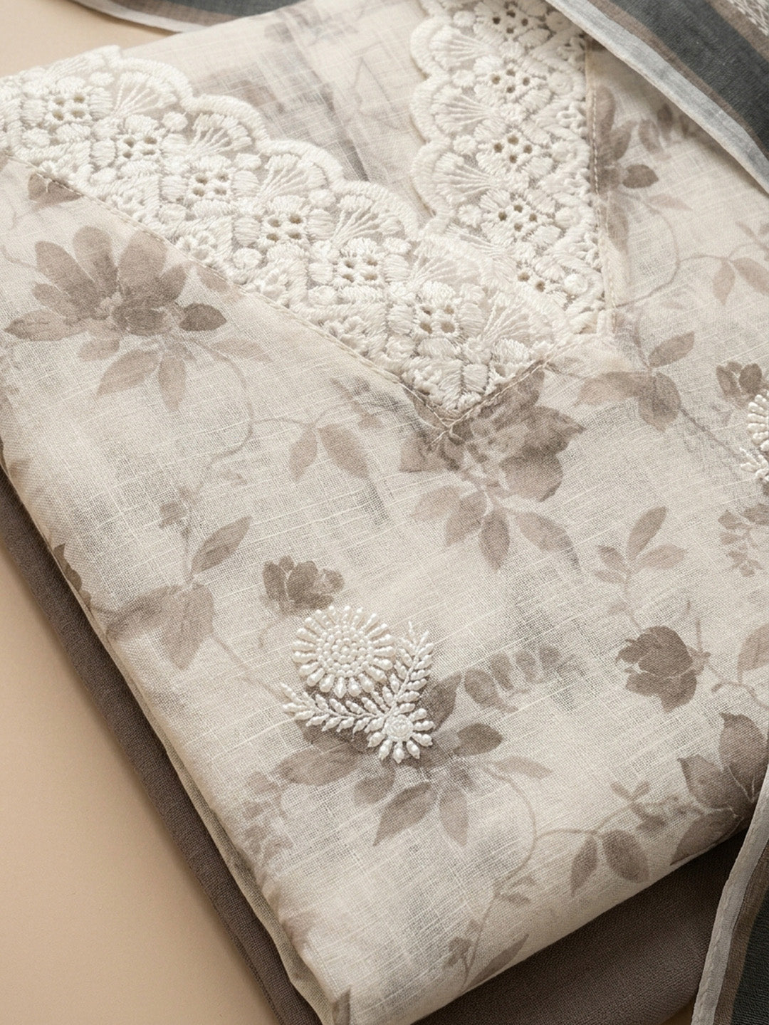 Mouse Embroidered Linen Blend Unstitched Suit &amp; Pant With Linen Dupatta