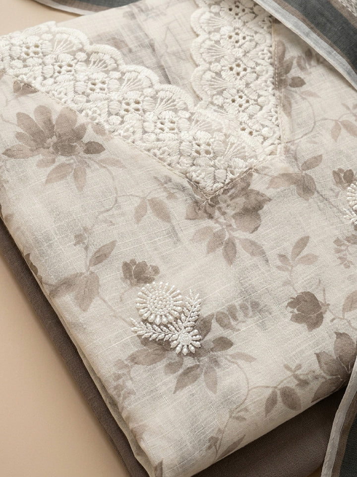 Mouse Embroidered Linen Blend Unstitched Suit &amp; Pant With Linen Dupatta