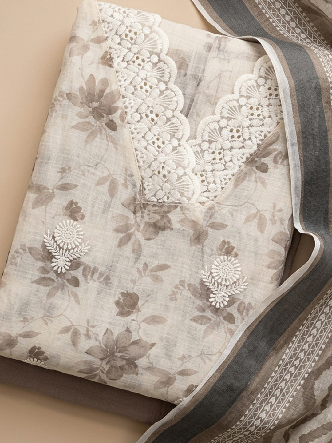 Mouse Embroidered Linen Blend Unstitched Suit &amp; Pant With Linen Dupatta