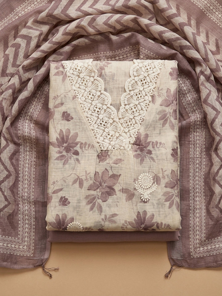 Onion Pink Embroidered Linen Blend Unstitched Suit &amp; Pant With Linen Dupatta
