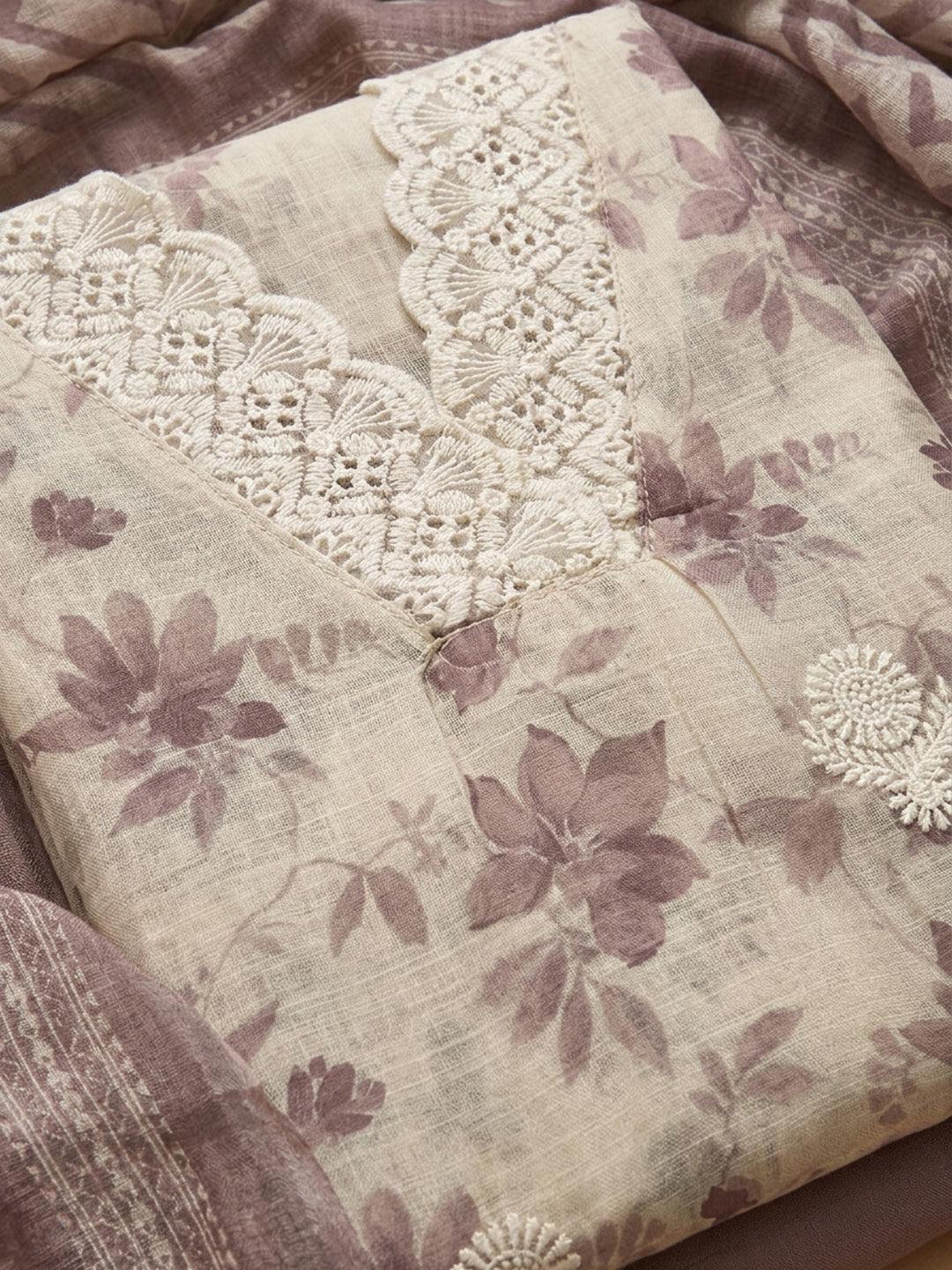 Onion Pink Embroidered Linen Blend Unstitched Suit &amp; Pant With Linen Dupatta