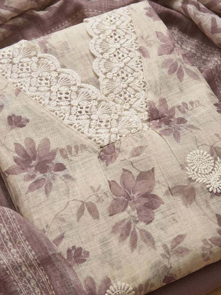 Onion Pink Embroidered Linen Blend Unstitched Suit &amp; Pant With Linen Dupatta