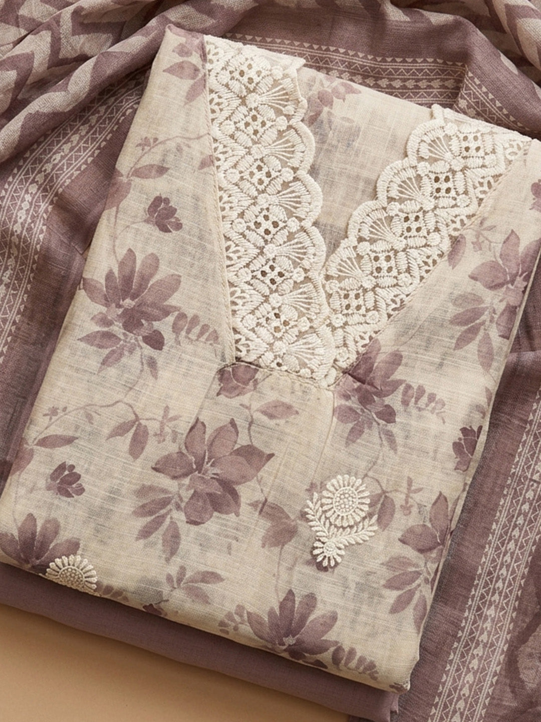 Onion Pink Embroidered Linen Blend Unstitched Suit &amp; Pant With Linen Dupatta