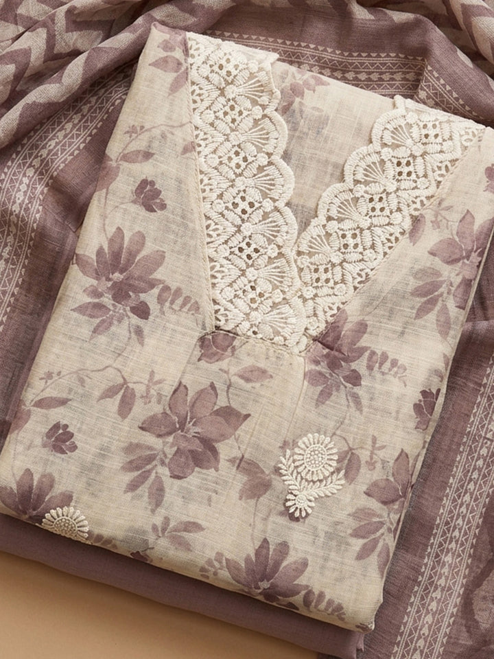 Onion Pink Embroidered Linen Blend Unstitched Suit &amp; Pant With Linen Dupatta