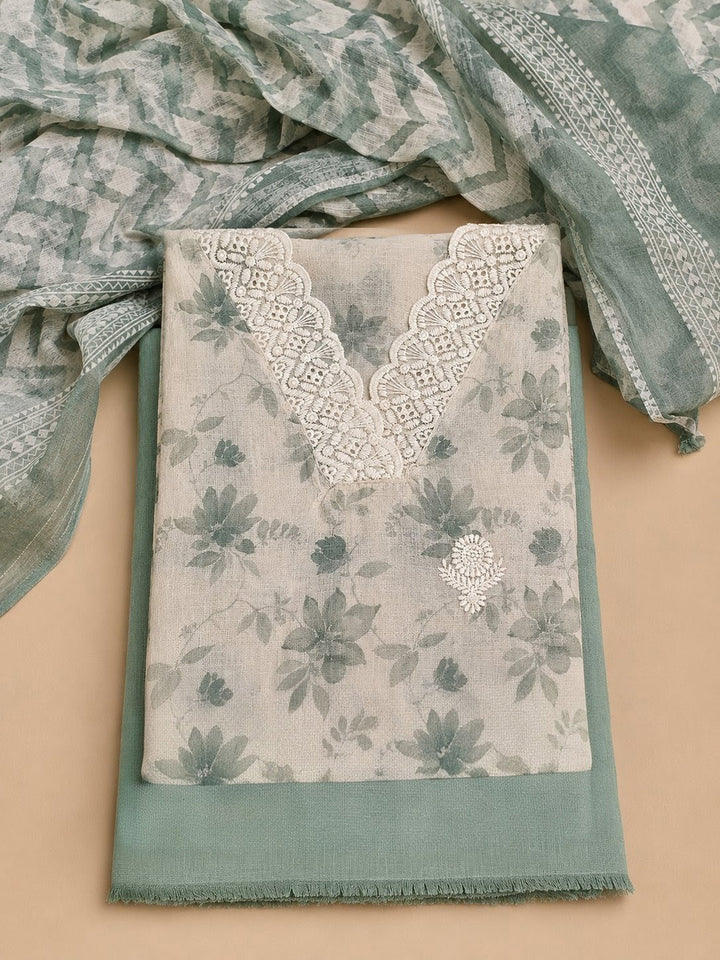 Sea Green Embroidered Linen Blend Unstitched Suit &amp; Pant With Linen Dupatta
