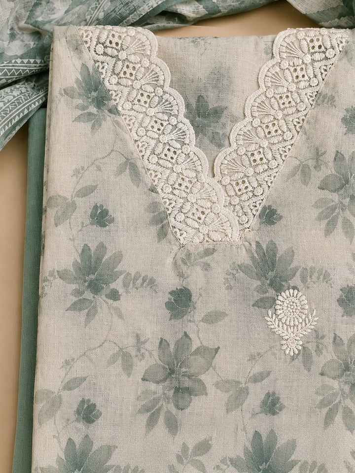 Sea Green Embroidered Linen Blend Unstitched Suit &amp; Pant With Linen Dupatta