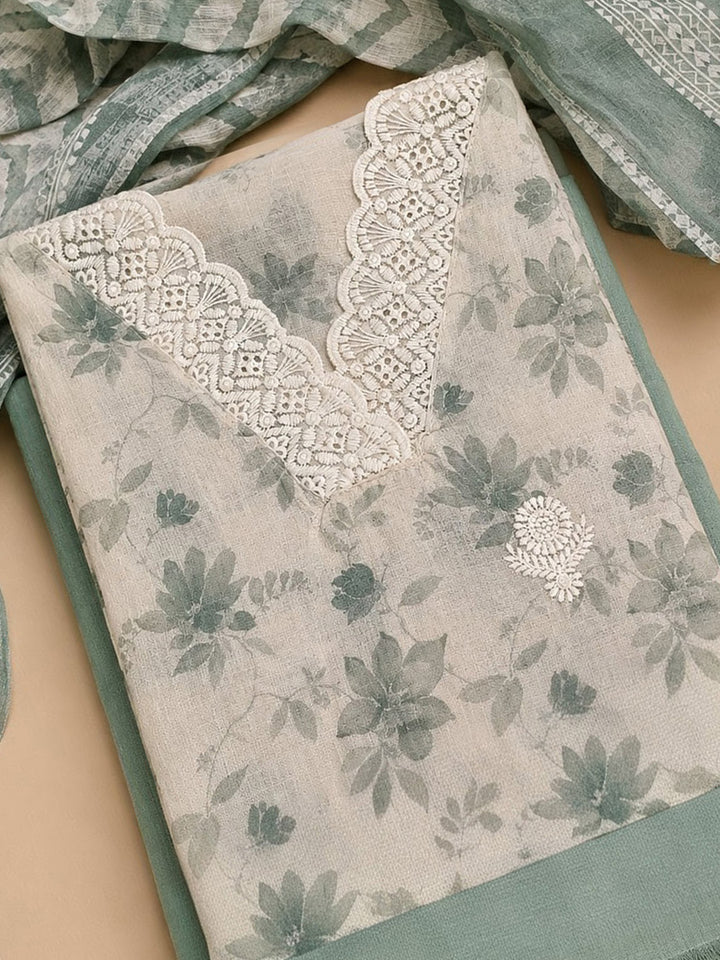 Sea Green Embroidered Linen Blend Unstitched Suit &amp; Pant With Linen Dupatta