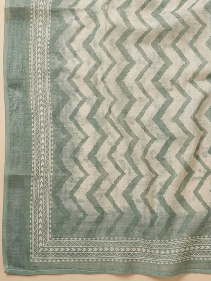 Sea Green Embroidered Linen Blend Unstitched Suit &amp; Pant With Linen Dupatta