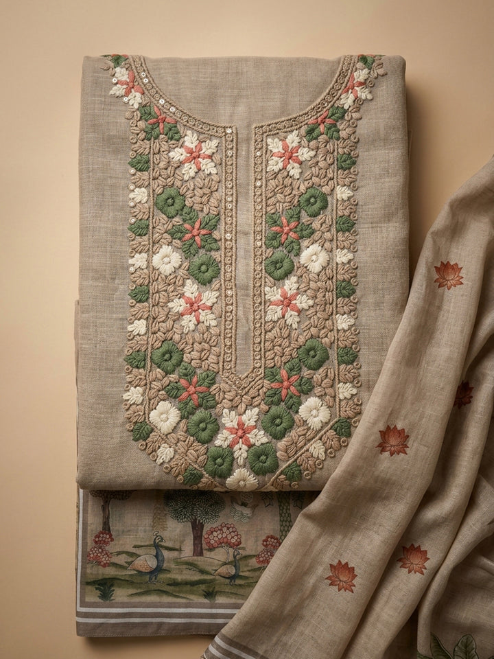 Beige Embroidered Linen Blend Unstitched Suit &amp; Pant With Linen Dupatta