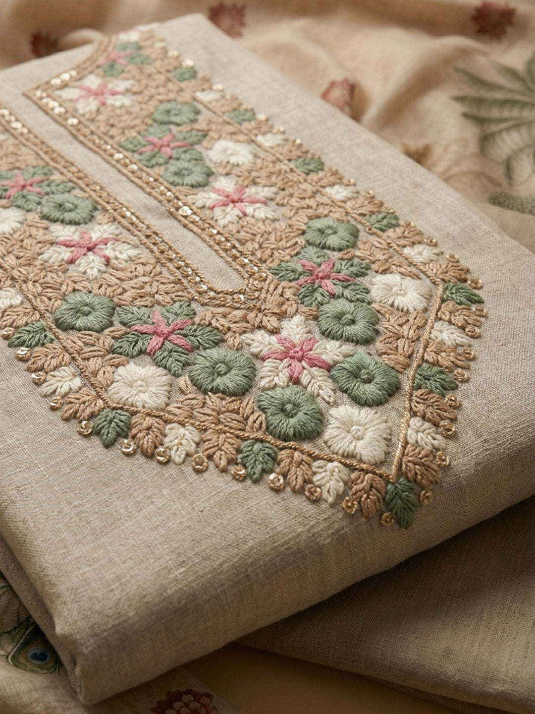 Beige Embroidered Linen Blend Unstitched Suit &amp; Pant With Linen Dupatta