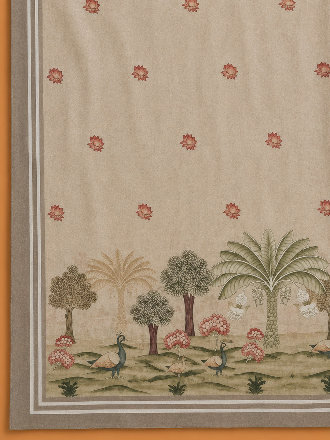 Beige Embroidered Linen Blend Unstitched Suit &amp; Pant With Linen Dupatta