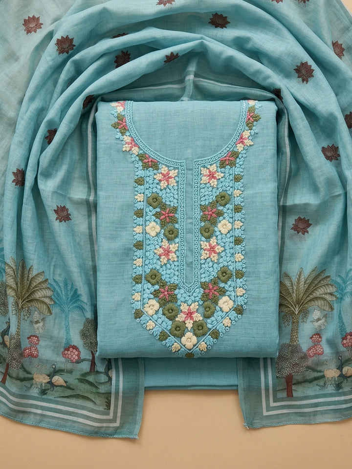 Firozee Embroidered Linen Blend Unstitched Suit &amp; Pant With Linen Dupatta