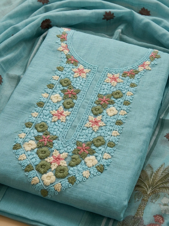 Firozee Embroidered Linen Blend Unstitched Suit &amp; Pant With Linen Dupatta