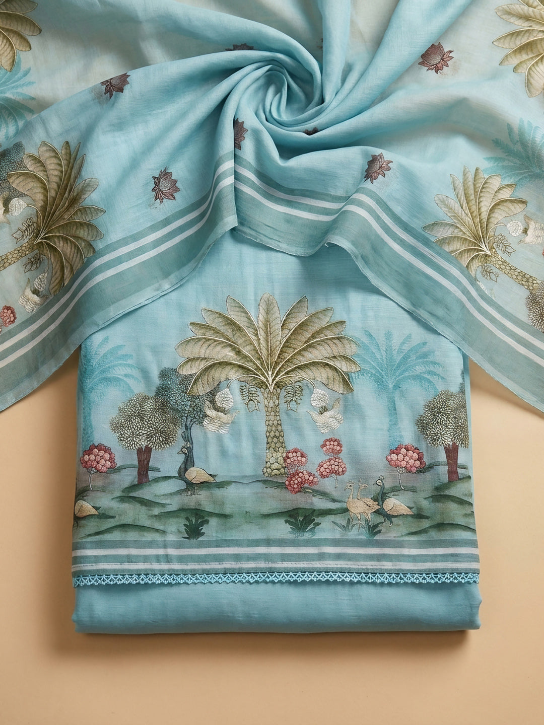 Firozee Embroidered Linen Blend Unstitched Suit &amp; Pant With Linen Dupatta