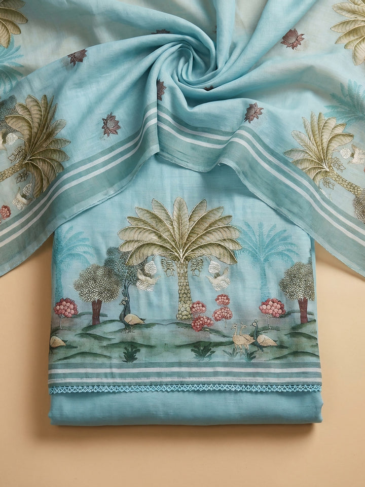 Firozee Embroidered Linen Blend Unstitched Suit &amp; Pant With Linen Dupatta