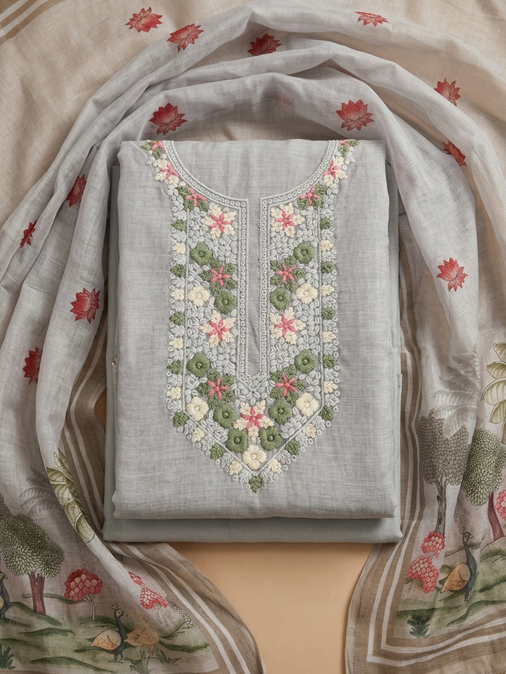 Grey Embroidered Linen Blend Unstitched Suit &amp; Pant With Linen Dupatta