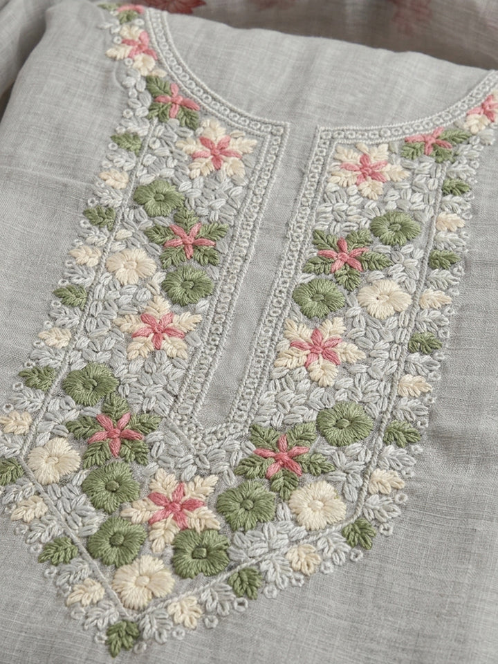 Grey Embroidered Linen Blend Unstitched Suit &amp; Pant With Linen Dupatta