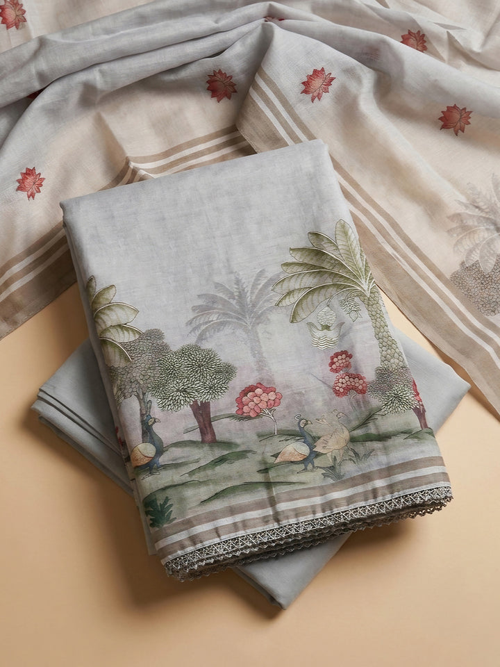 Grey Embroidered Linen Blend Unstitched Suit &amp; Pant With Linen Dupatta