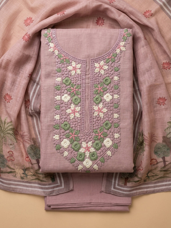 Peach Embroidered Linen Blend Unstitched Suit &amp; Pant With Linen Dupatta