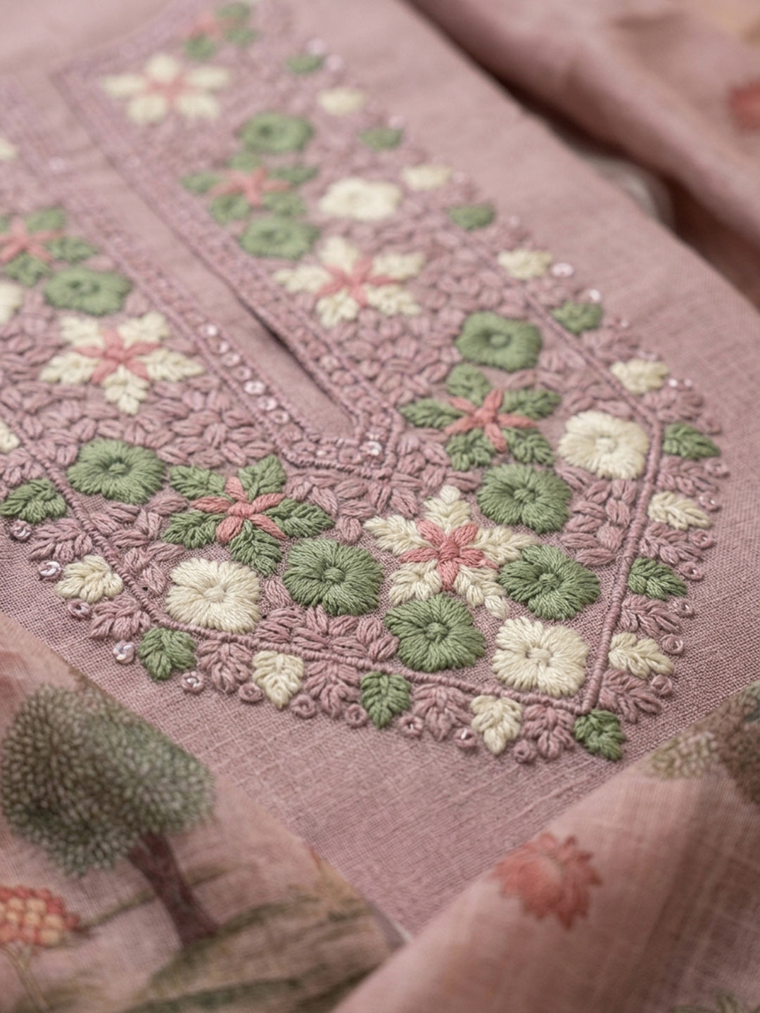 Peach Embroidered Linen Blend Unstitched Suit &amp; Pant With Linen Dupatta