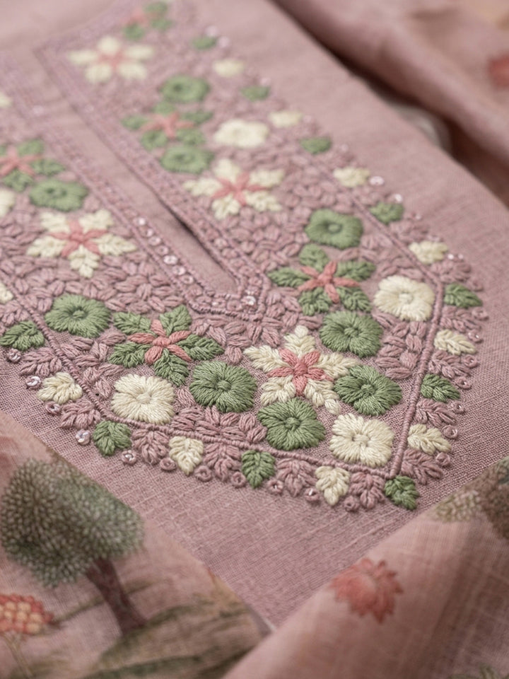 Peach Embroidered Linen Blend Unstitched Suit &amp; Pant With Linen Dupatta