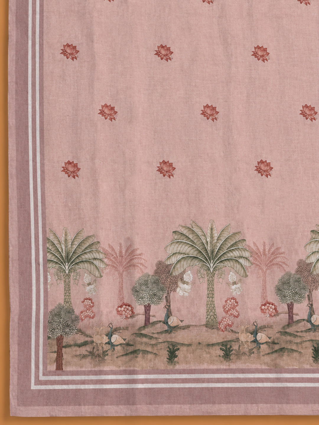 Peach Embroidered Linen Blend Unstitched Suit &amp; Pant With Linen Dupatta