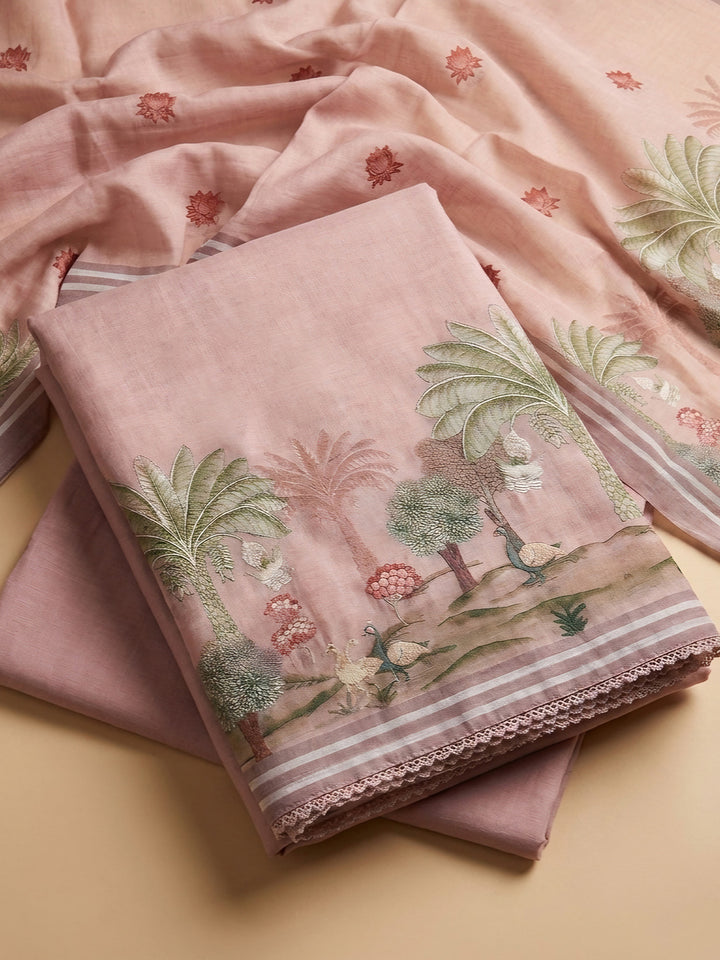 Peach Embroidered Linen Blend Unstitched Suit &amp; Pant With Linen Dupatta