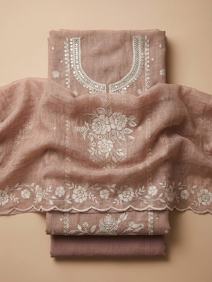 Brown Embroidered Linen Blend Unstitched Suit &amp; Pant With Cotton Dupatta