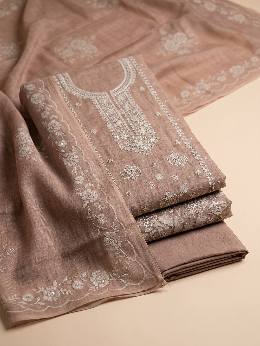 Brown Embroidered Linen Blend Unstitched Suit &amp; Pant With Cotton Dupatta