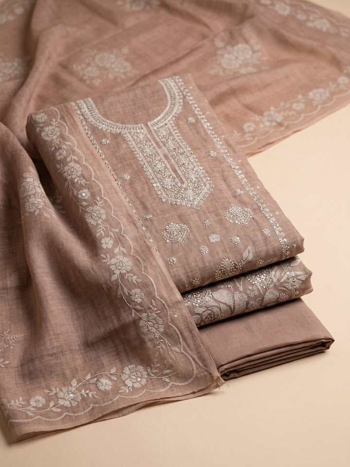 Brown Embroidered Linen Blend Unstitched Suit &amp; Pant With Cotton Dupatta
