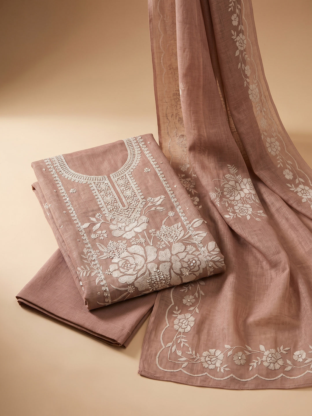 Brown Embroidered Linen Blend Unstitched Suit &amp; Pant With Cotton Dupatta
