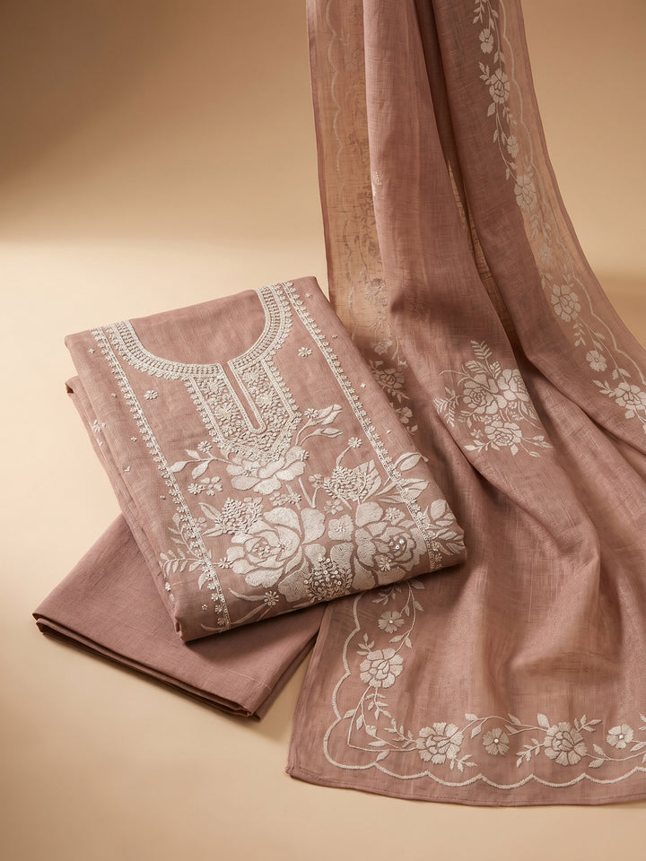 Brown Embroidered Linen Blend Unstitched Suit &amp; Pant With Cotton Dupatta