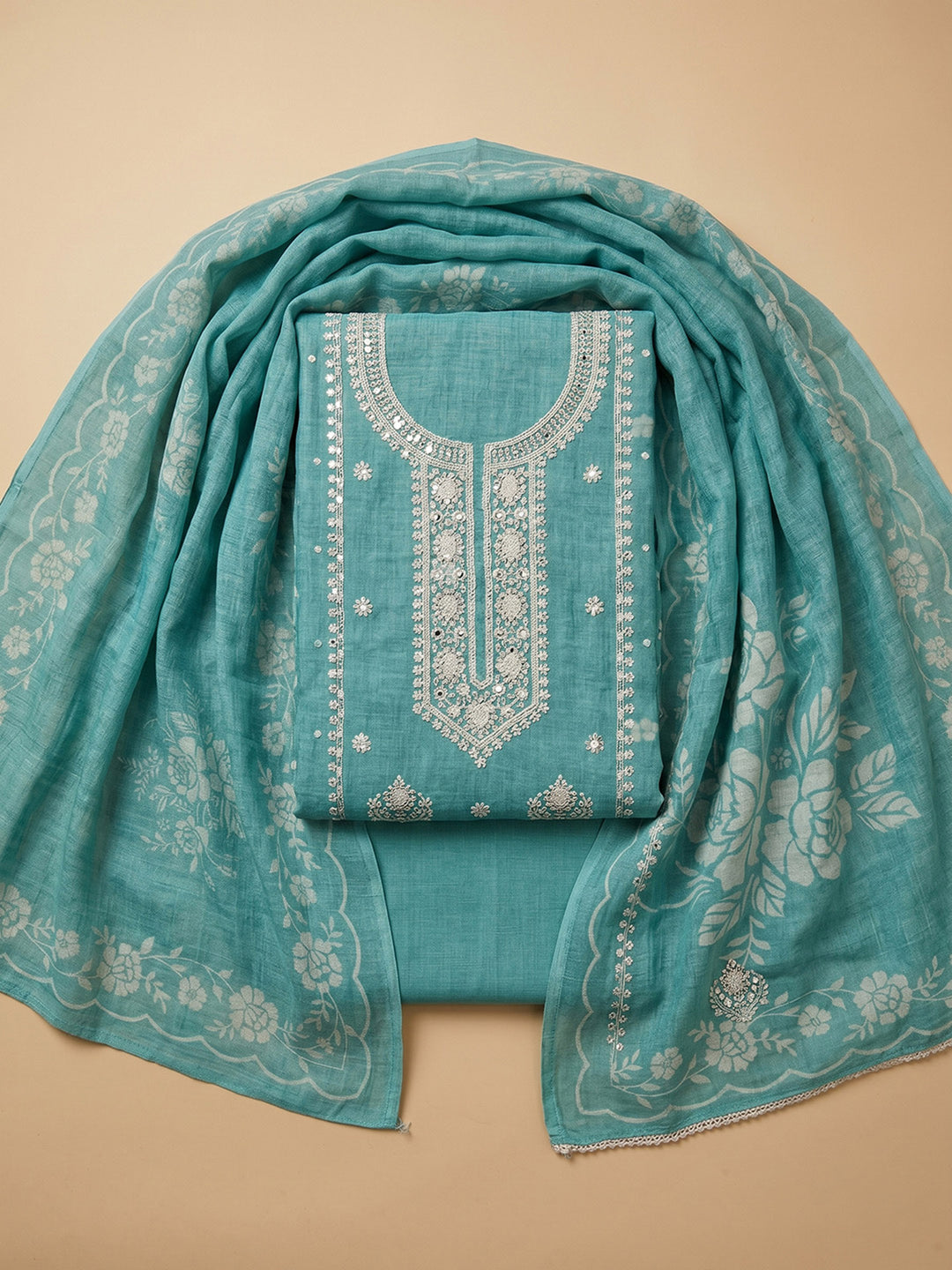Green Embroidered Linen Blend Unstitched Suit &amp; Pant With Cotton Dupatta