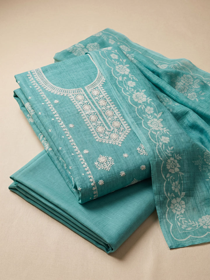 Green Embroidered Linen Blend Unstitched Suit &amp; Pant With Cotton Dupatta