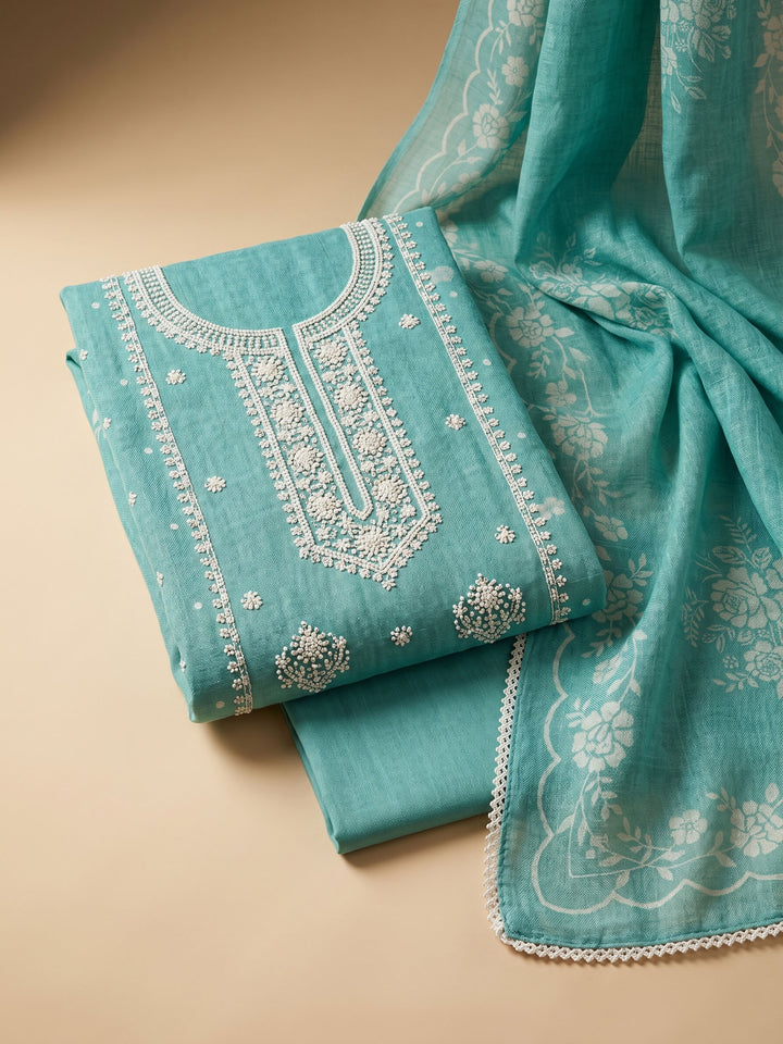 Green Embroidered Linen Blend Unstitched Suit &amp; Pant With Cotton Dupatta