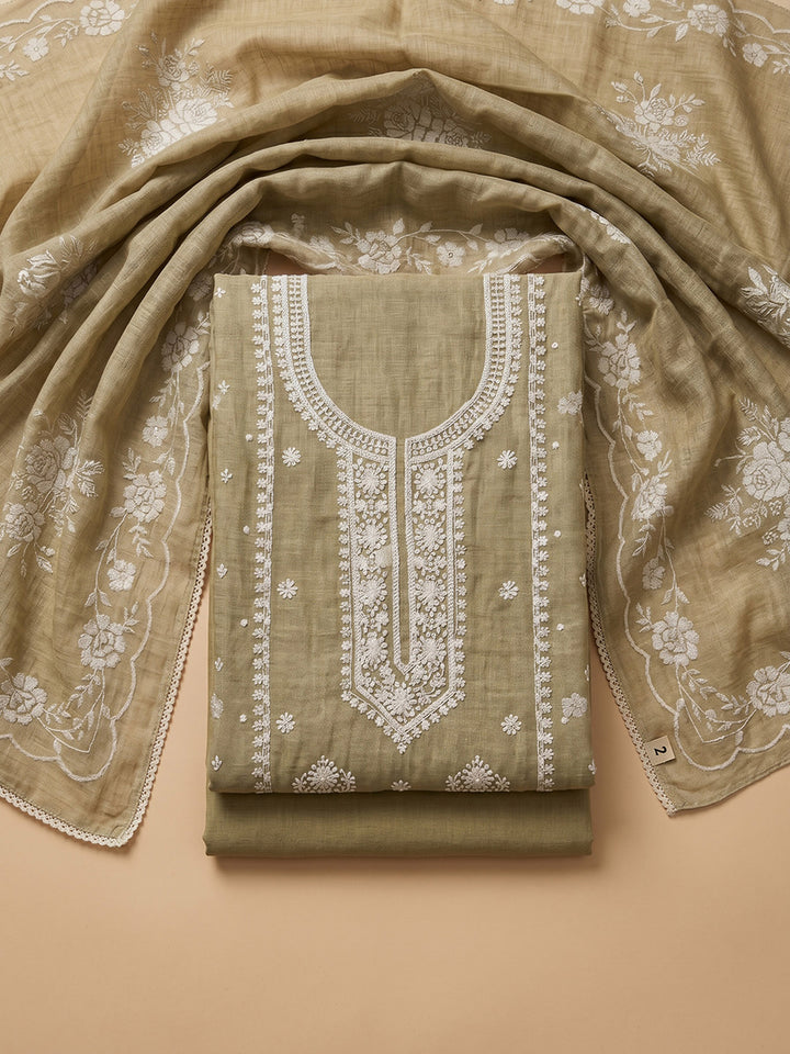 Mehndi Embroidered Linen Blend Unstitched Suit &amp; Pant With Cotton Dupatta